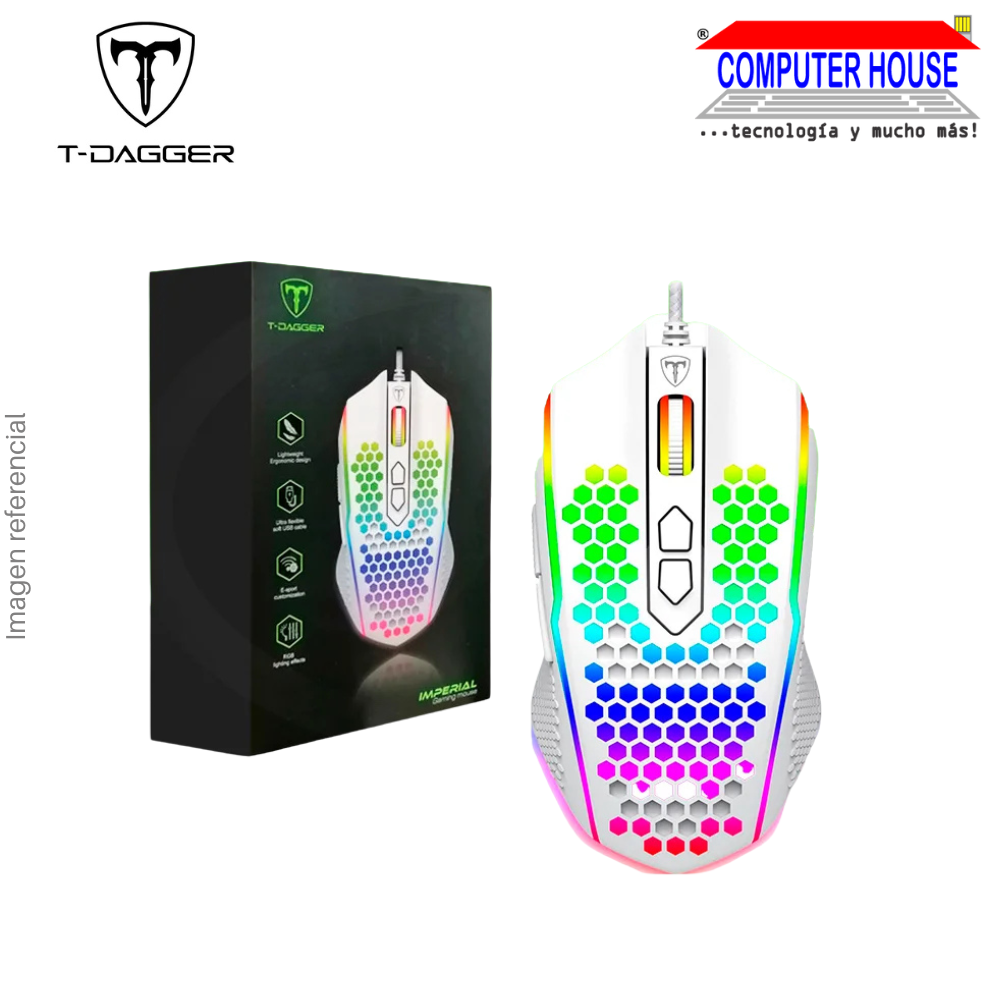 T-DAGGER IMPERIAL T-TGM310W-RGB Wired Gamer Mouse, 7,200 DPI, 8 Buttons, RGB - White