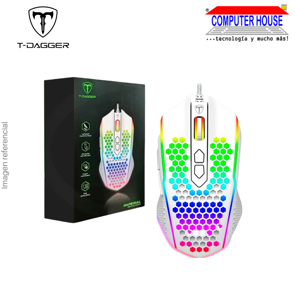 Mouse Gamer T-DAGGER IMPERIAL T-TGM310W-RGB alámbrico, 7,200 DPI, 8 Botones, RGB - Blanco