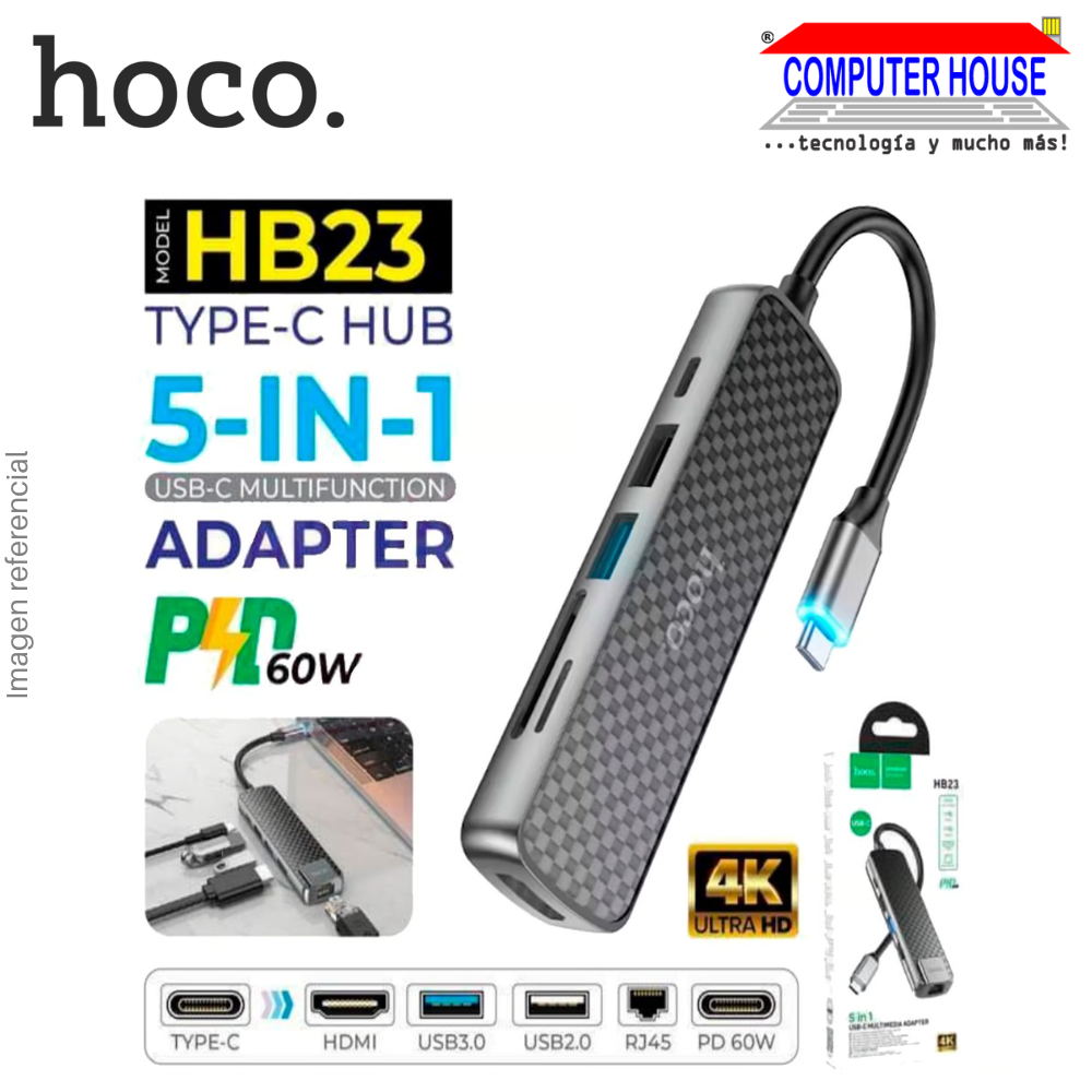 HUB USB Extensión 5 en 1 HOCO HB23 Tipo C a HDMI, USB3.0, USB2.0, RJ45, PD