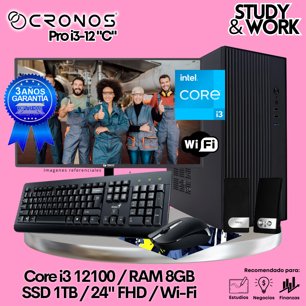 PC CRONOS Pro i3-12 "C", 8GB RAM, 1TB SSD, 24″ FHD Monitor, Wi-Fi, Keyboard + Mouse Kit, Speakers or Headphones.