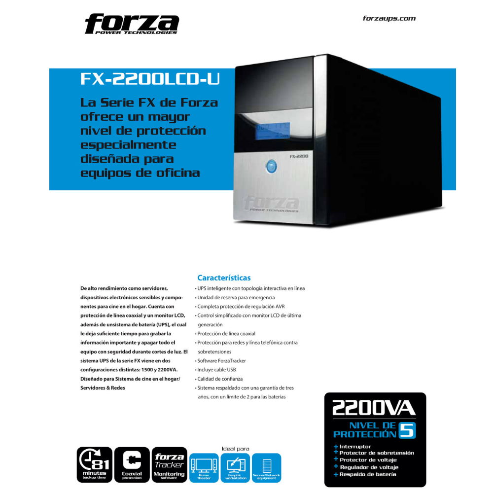 FORZA UPS 2200VA 1200W, FX-2200LCD-U Interactive, 8 220V outlets. 