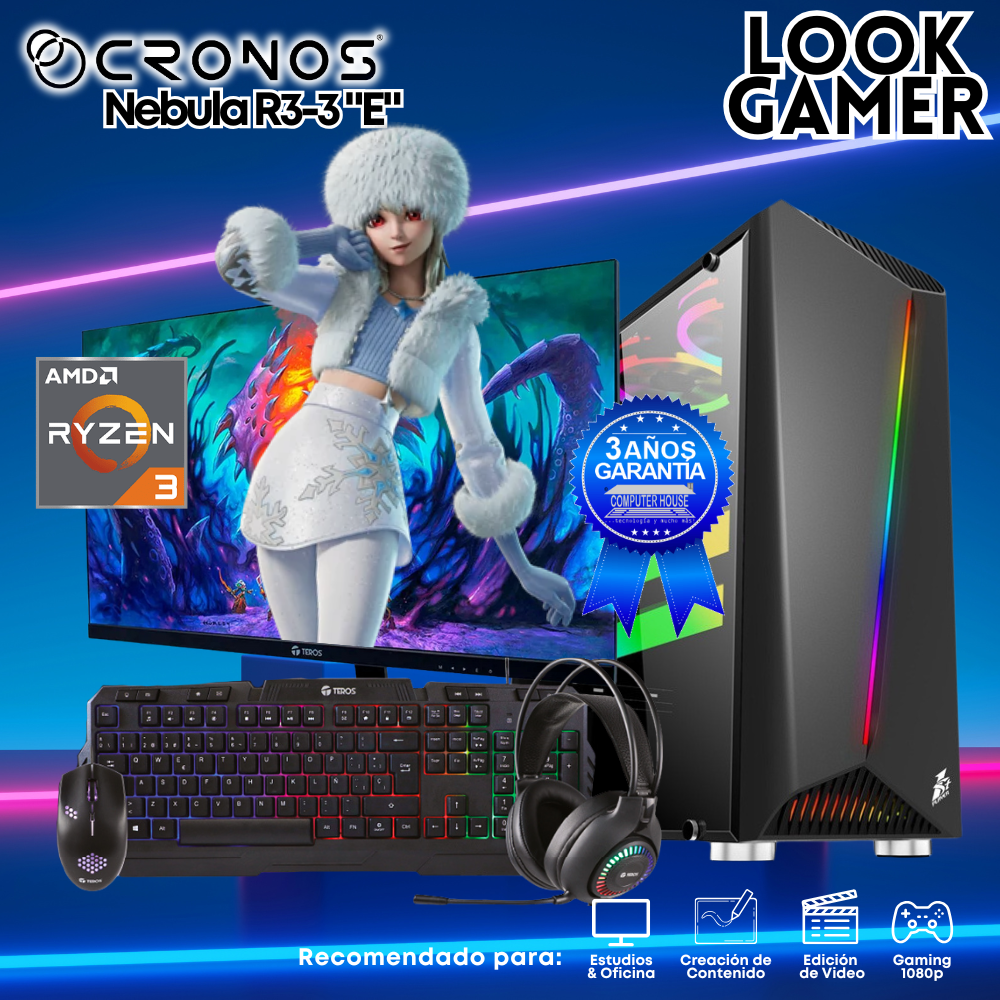 PC Look Gamer CRONOS Nebula R3-3 "E", RAM 8GB, SSD 500GB, Monitor 24″ FHD.