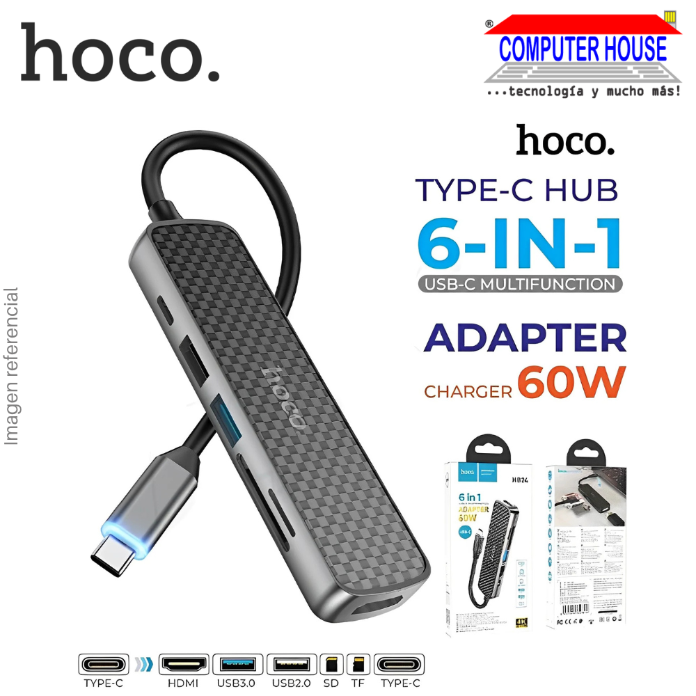 HUB USB Extensión 6 en 1 HOCO HB24 Tipo C a HDMI, USB3.0, USB2.0, SD, TF, PD.