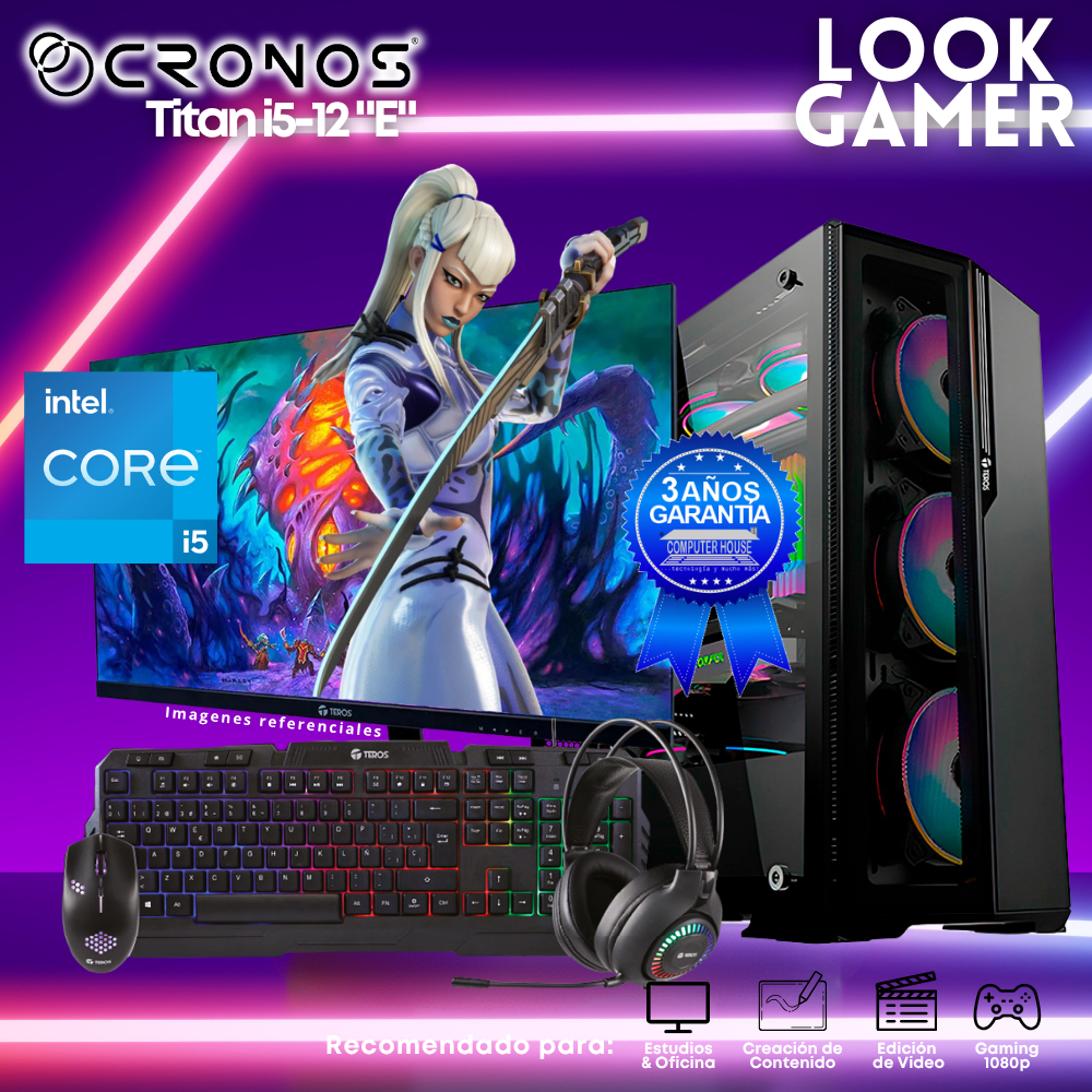 PC Look Gamer CRONOS Titan i5-12 "E", RAM 8GB, SSD 500GB, Monitor 24″ FHD.
