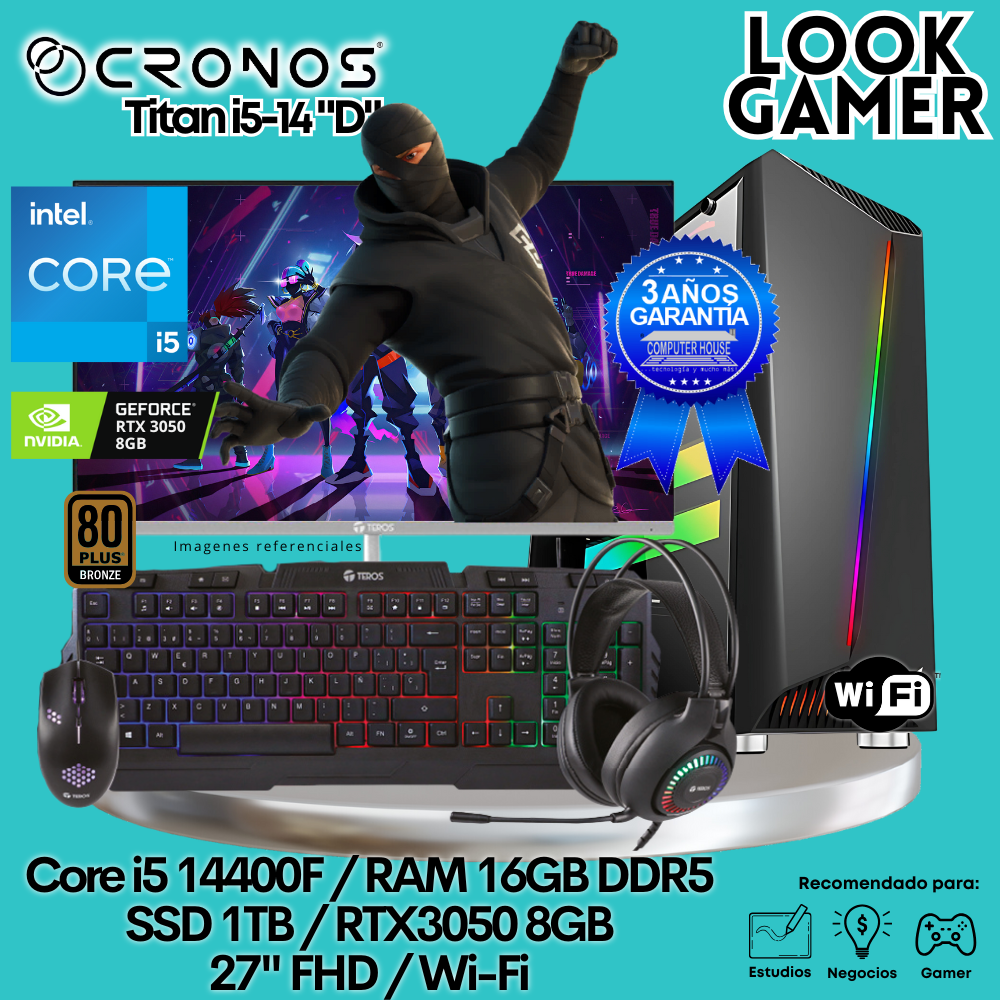 PC Look Gamer CRONOS Titan i5-14 "E", RAM 16GB DDR5, SSD 1TB, RTX3050 8GB, Monitor 27″ FHD, Wi-Fi.