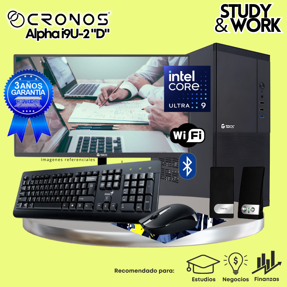 PC CRONOS Alpha U9-2 "D", RAM 32GB DDR5, SSD 2TB, Monitor 27″ FHD, Wi-Fi & Bluetooth, Kit Teclado + Mouse, Parlantes o Audífono.