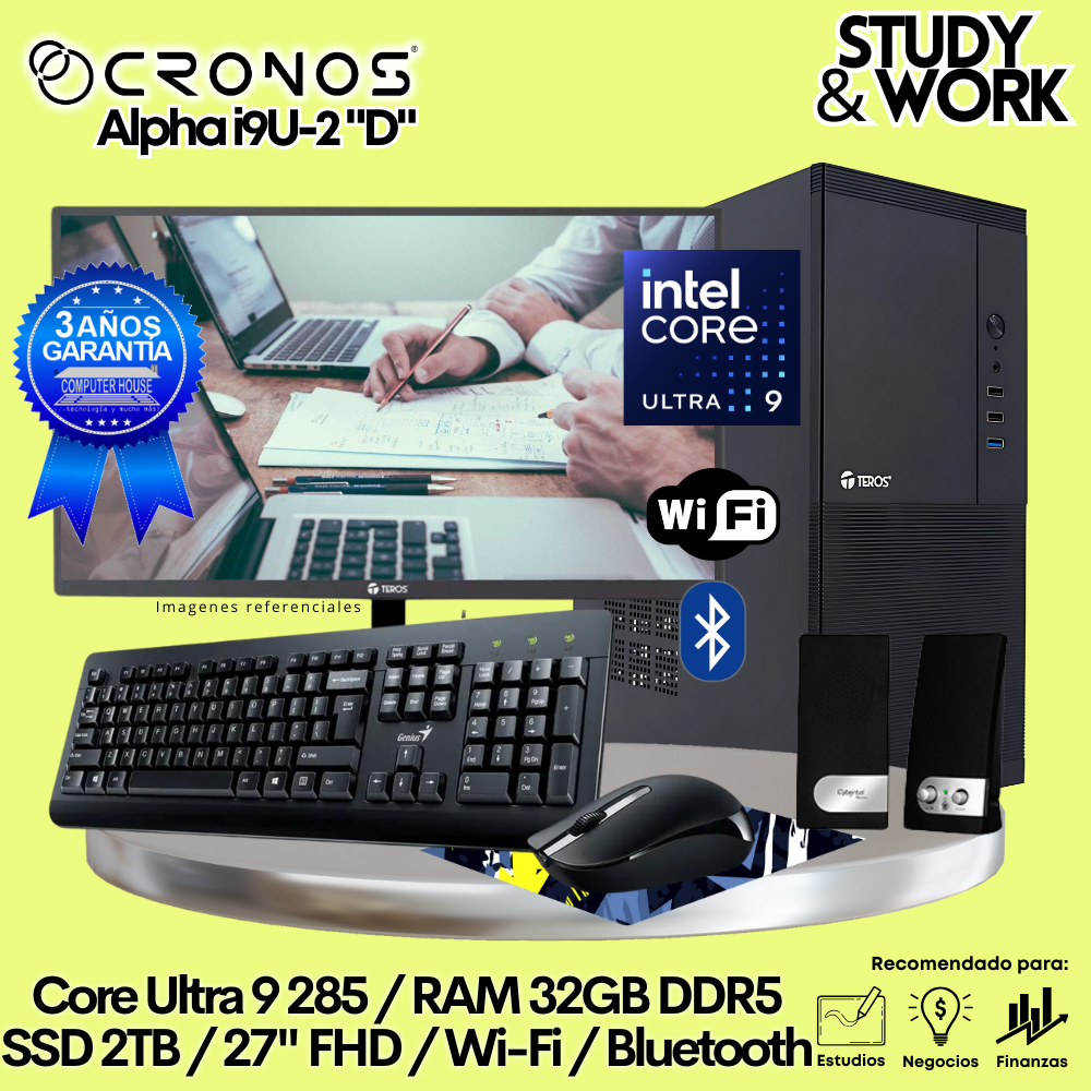 PC CRONOS Alpha U9-2 "D", 32GB DDR5 RAM, 2TB SSD, 27″ FHD Monitor, Wi-Fi &amp; Bluetooth, Keyboard + Mouse Kit, Speakers or Headphones.