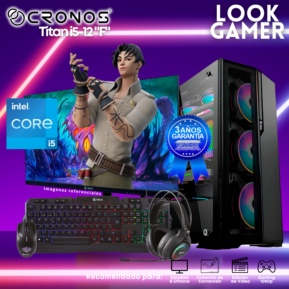 PC Look Gamer CRONOS Titan i5-12 "F", RAM 16GB, SSD 500GB, Monitor 24″ FHD.
