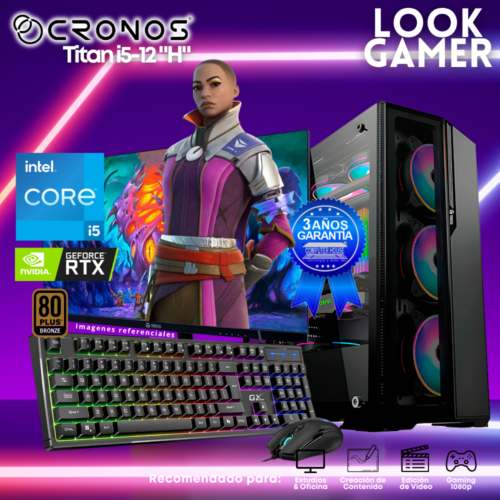 PC Look Gamer CRONOS Titan i5-12 "H", RAM 16GB, SSD 500GB, Nvidia GeForce RTX3050 6GB, Monitor 27″ FHD.