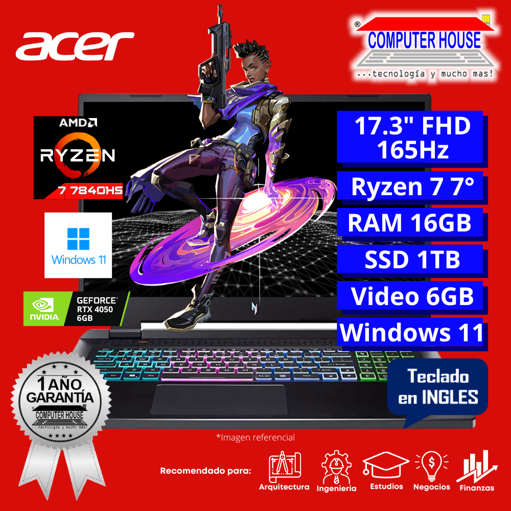Laptop ACER Nitro 5, Ryzen 7-7840HS, RAM 16GB DDR5, SSD 1TB, 17.3