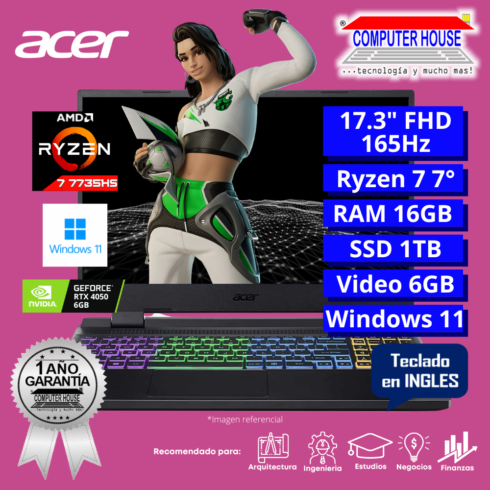 Laptop ACER Nitro 5 AN17, Ryzen 7-7735HS, RAM 16GB DDR5, SSD 1TB, 17.3″ FHD 165Hz, Video RTX4050 6GB, Teclado en Inglés, Windows 11.