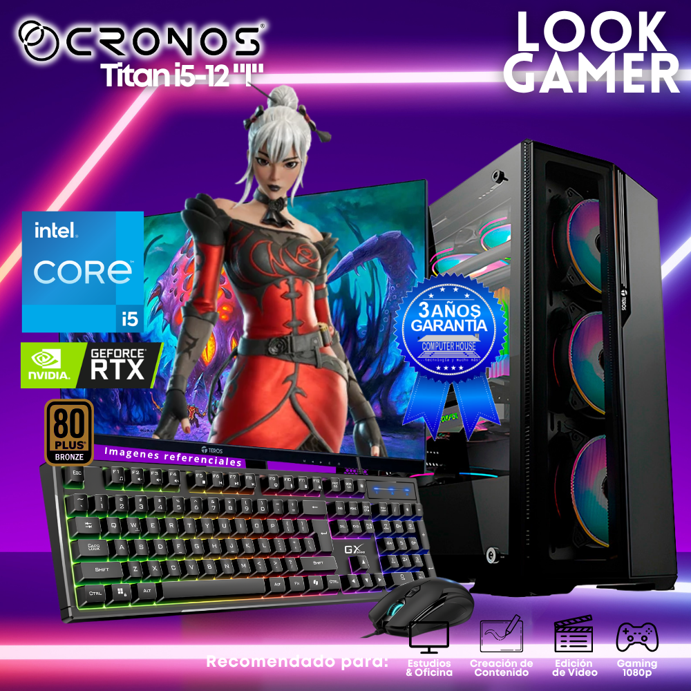 PC Look Gamer CRONOS Titan i5-12 "I", RAM 16GB, SSD 1TB, Nvidia GeForce RTX5050 8GB, Monitor 27″ FHD.