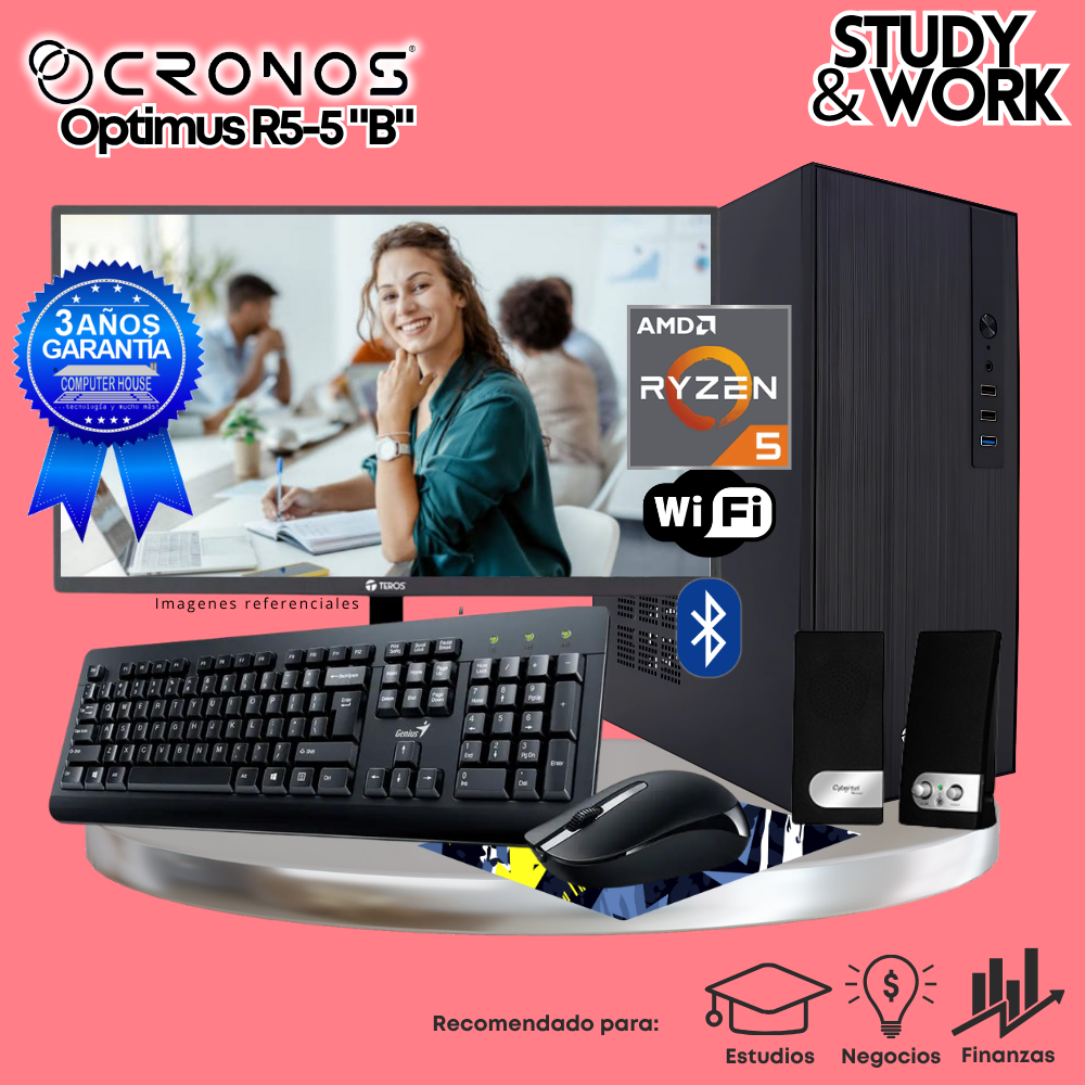 PC CRONOS Optimus R5-5 "B", RAM 8GB, SSD 500GB, Monitor 24″ FHD, Wi-Fi & Bluetooth, Kit Teclado + Mouse, Parlantes o Audífono.