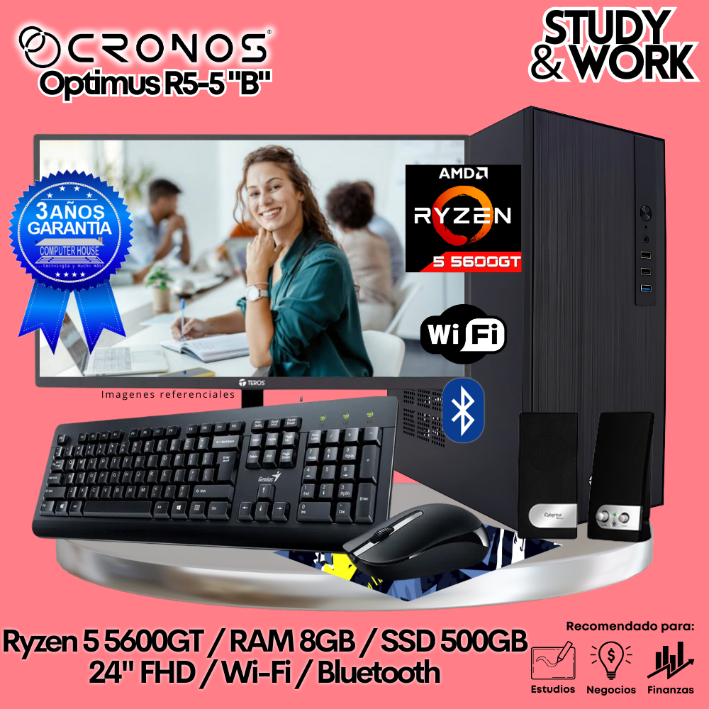PC CRONOS Optimus R5-5 "B", 8GB RAM, 500GB SSD, 24″ FHD Monitor, Wi-Fi, Keyboard + Mouse Kit, Speakers or Headphones.