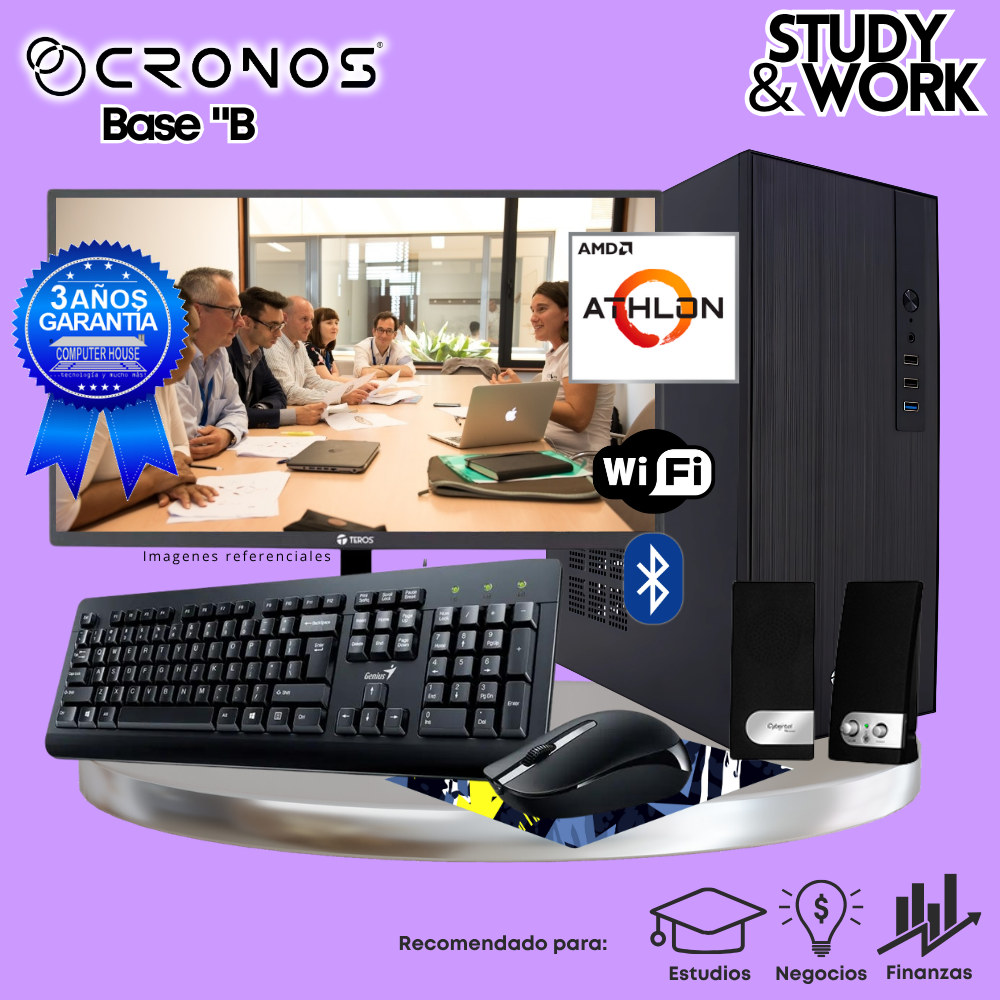 PC CRONOS Optimus R5-5 "B", 8GB RAM, 500GB SSD, 24″ FHD Monitor, Wi-Fi, Keyboard + Mouse Kit, Speakers or Headphones.