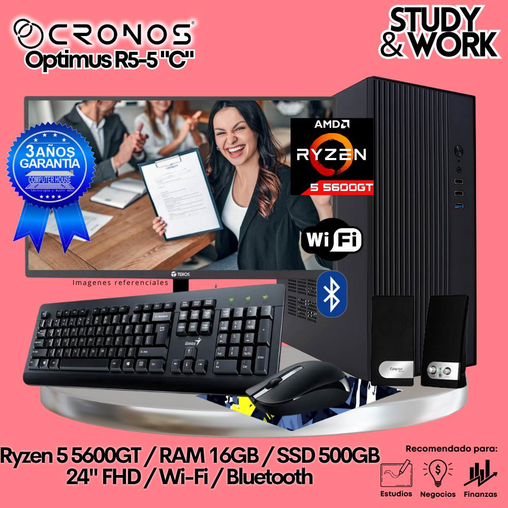 PC CRONOS Optimus R5-5 "C", 16GB RAM, 500GB SSD, 24″ FHD Monitor, Wi-Fi, Keyboard + Mouse Kit, Speakers or Headphones.