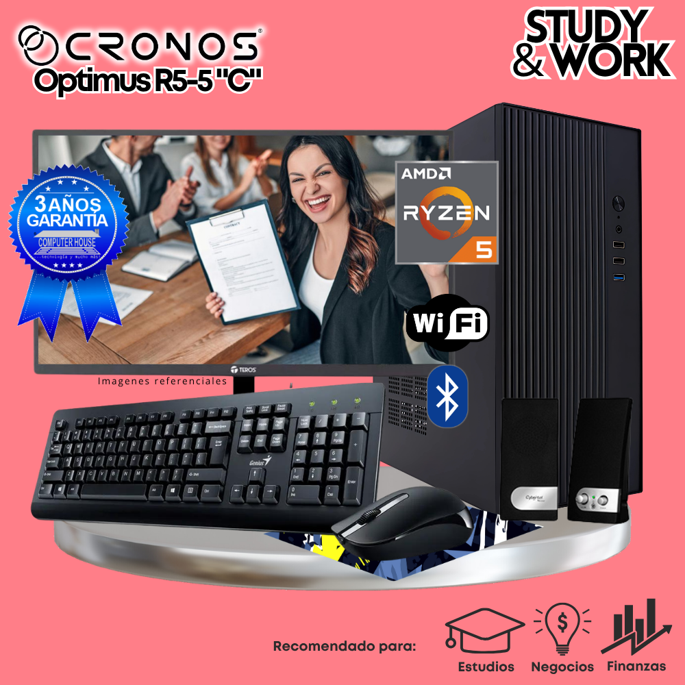PC CRONOS Optimus R5-5 "C", RAM 16GB, SSD 500GB, Monitor 24″ FHD, Wi-Fi & Bluetooth, Kit Teclado + Mouse, Parlantes o Audífono.