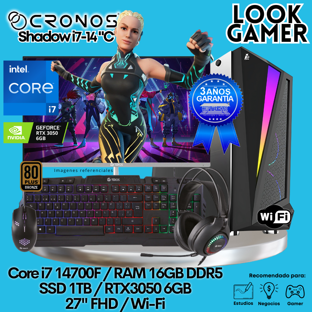 PC Look Gamer CRONOS Shadow i7-14 "C", RAM 16GB DDR5, SSD 1TB, RTX3050 6GB, Monitor 27″ FHD, Wi-Fi.