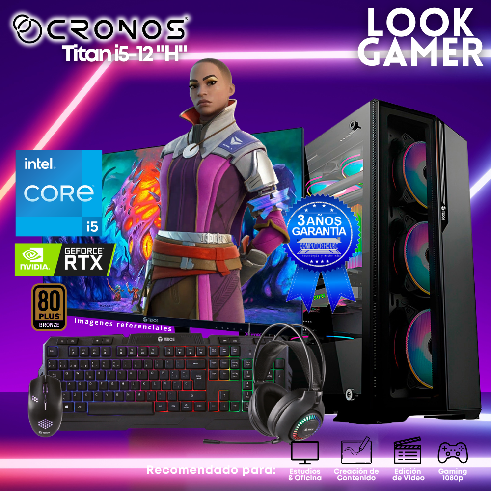 PC Look Gamer CRONOS Titan i5-12 "H", RAM 16GB, SSD 500GB, Nvidia GeForce RTX3050 6GB, Monitor 27″ FHD.