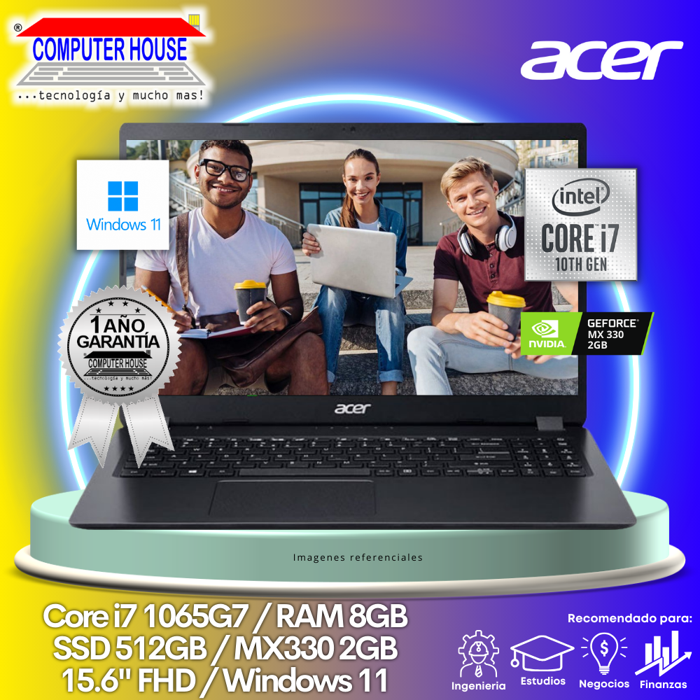 Laptop ACER Aspire 3 A315, Core i7-1065G7, RAM 8GB, SSD 512GB, Video MX330 2GB, 15.6″, Windows 11. (LIQUIDACION con yaya en marco en pantalla)