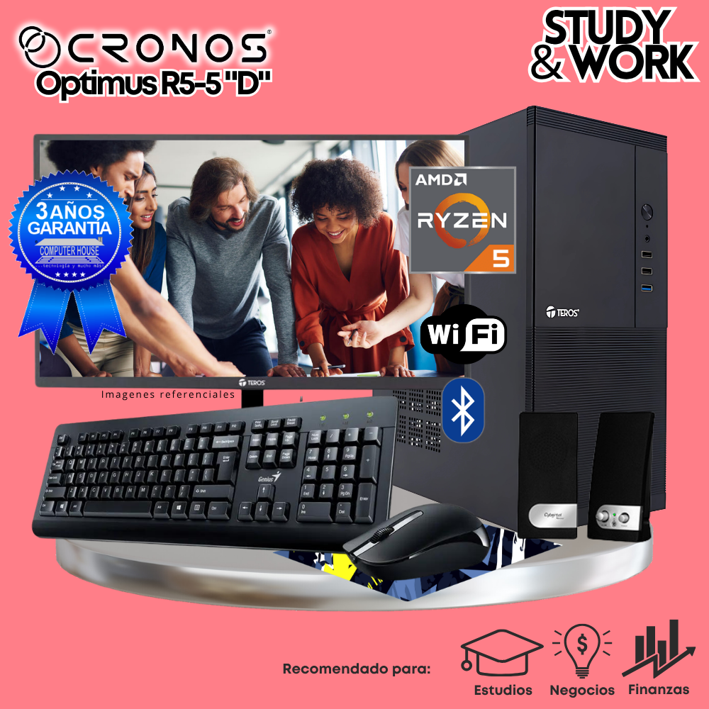 PC CRONOS Optimus R5-5 "D", RAM 16GB, SSD 1TB, Monitor 27″ FHD, Wi-Fi & Bluetooth, Kit Teclado + Mouse, Parlantes o Audífono.