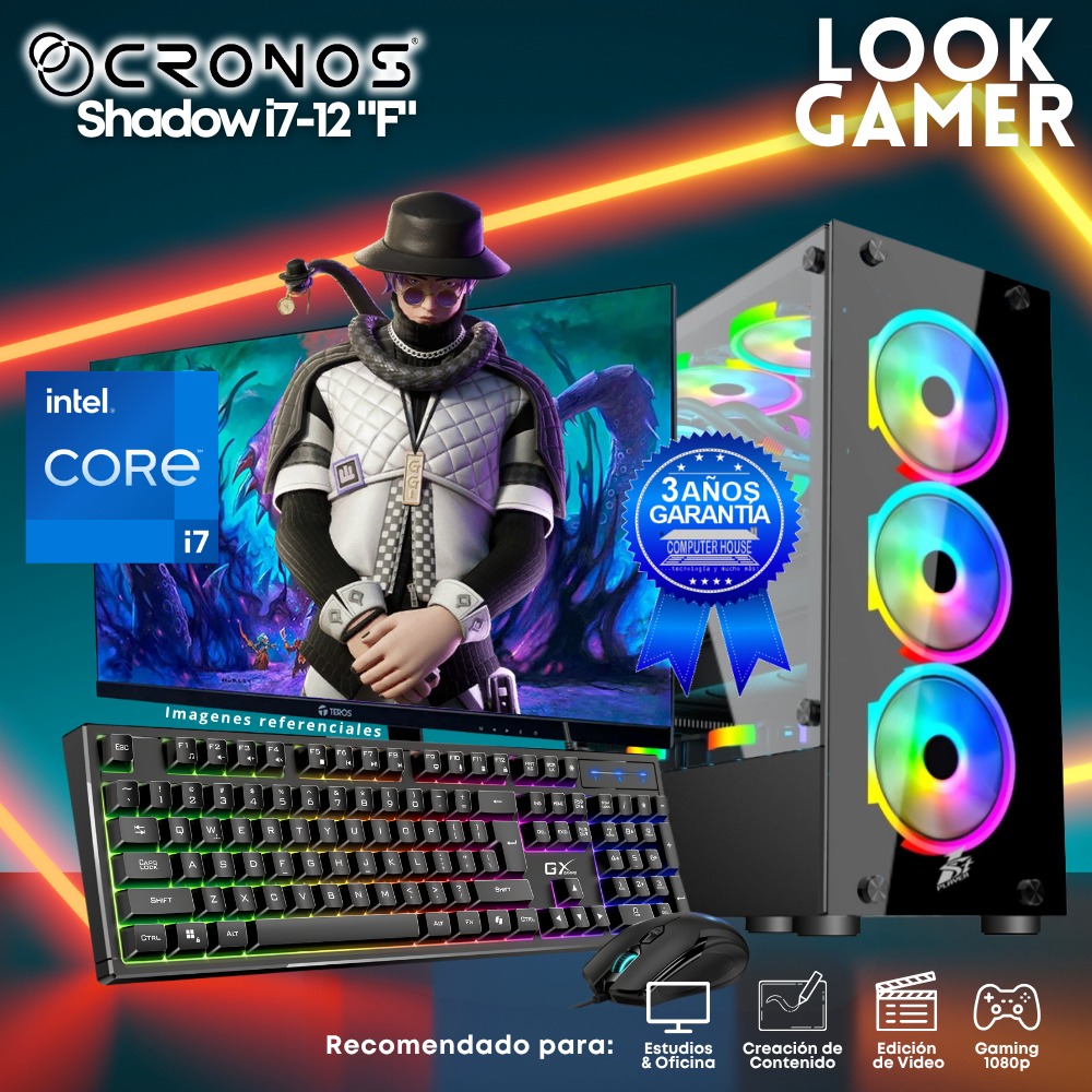 PC Look Gamer CRONOS Shadow i7-12 "F", RAM 16GB, SSD 500GB, Monitor 24″ FHD.