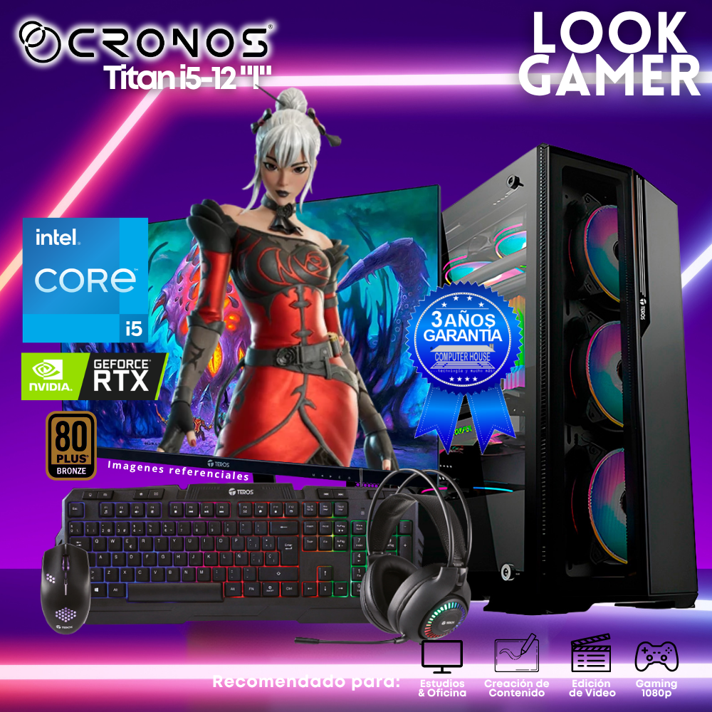 PC Look Gamer CRONOS Titan i5-12 "I", RAM 16GB, SSD 1TB, Nvidia GeForce RTX5050 8GB, Monitor 27″ FHD.