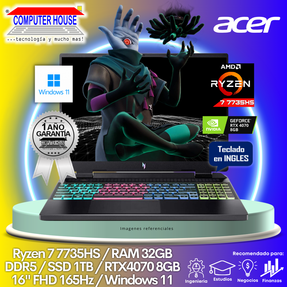 Laptop ACER Nitro 17, Ryzen 7-7735HS, RAM 32GB DDR5, SSD 1TB, Video RTX4070 8GB, 16″ FHD 165Hz, Teclado en Inglés, Windows 11.