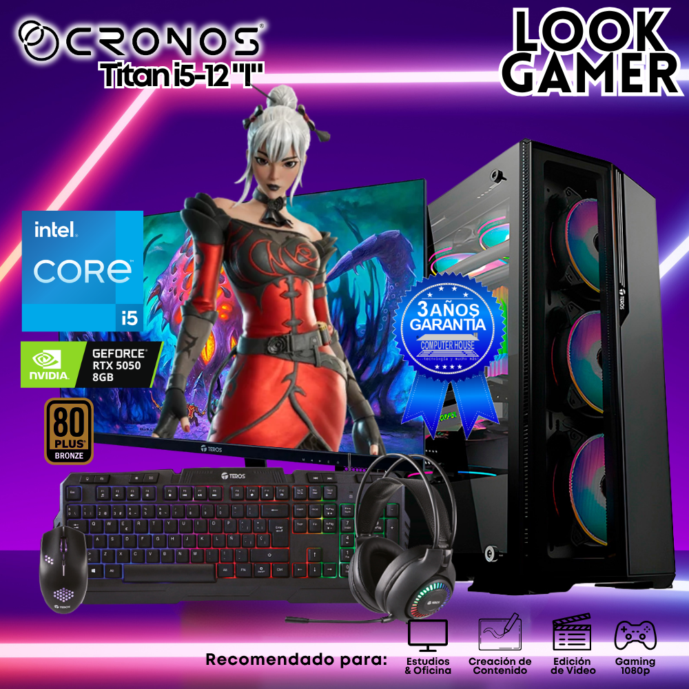 PC Look Gamer CRONOS Titan i5-12 "I", RAM 16GB, SSD 1TB, RTX5050 8GB, Monitor 27″ FHD.