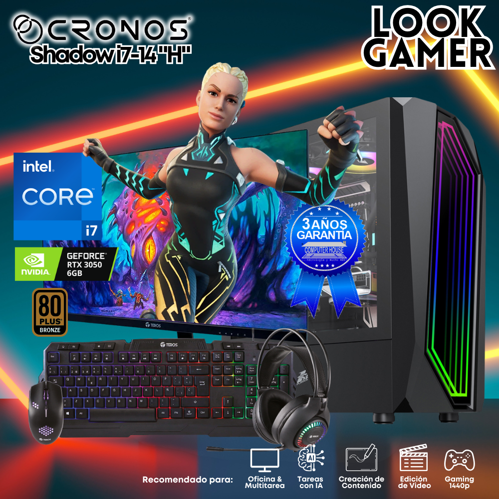PC Look Gamer CRONOS Shadow i7-14 "H", RAM 16GB DDR5, SSD 1TB, RTX3050 6GB, Monitor 27″ FHD.
