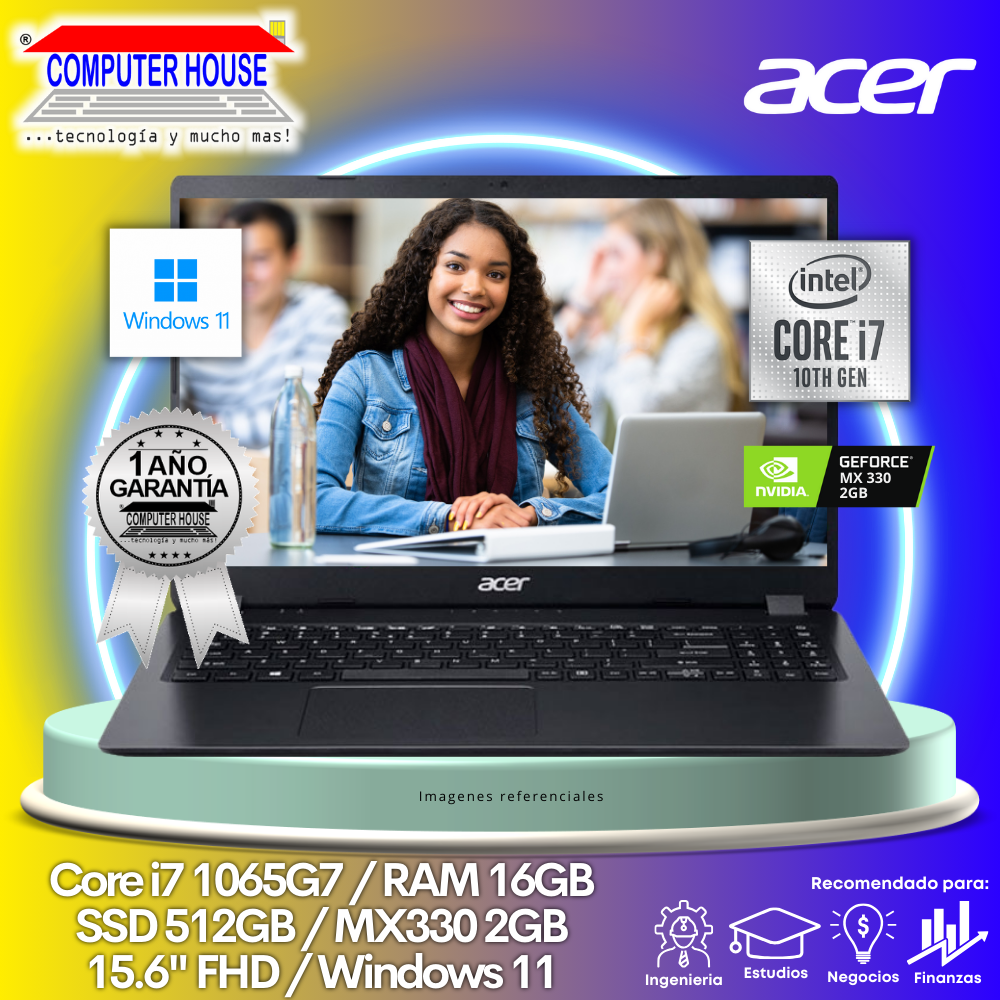 Laptop ACER Aspire 3 A315, Core i7-1065G7, RAM 16GB, SSD 512GB, Video MX330 2GB, 15.6″, Windows 11. (LIQUIDACION con yaya en marco en pantalla)