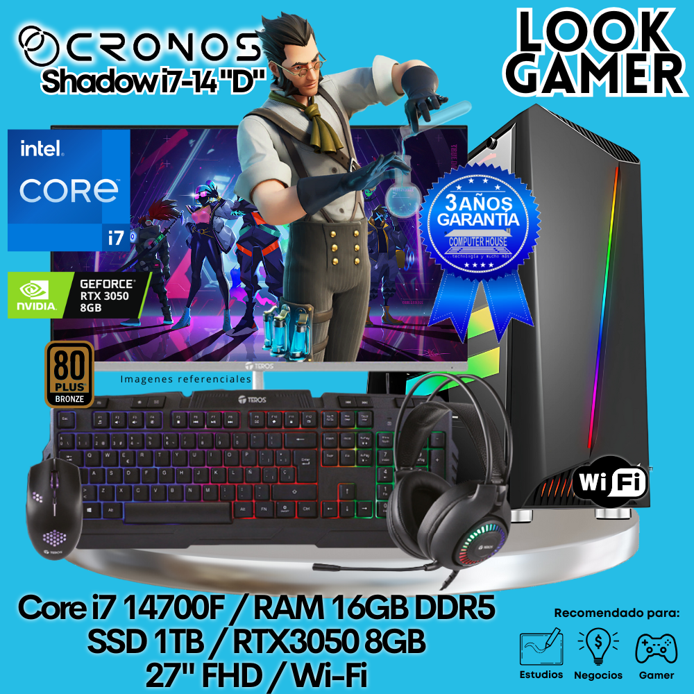 PC Look Gamer CRONOS Shadow i7-14 "D", RAM 16GB DDR5, SSD 1TB, RTX3050 8GB, Monitor 27″ FHD, Wi-Fi.