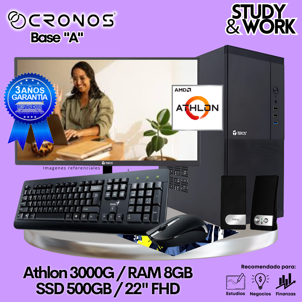 PC CRONOS Base "A", RAM 8GB, SSD 500GB, Monitor 22″ FHD, Kit Teclado + Mouse, Parlantes o Audífono.