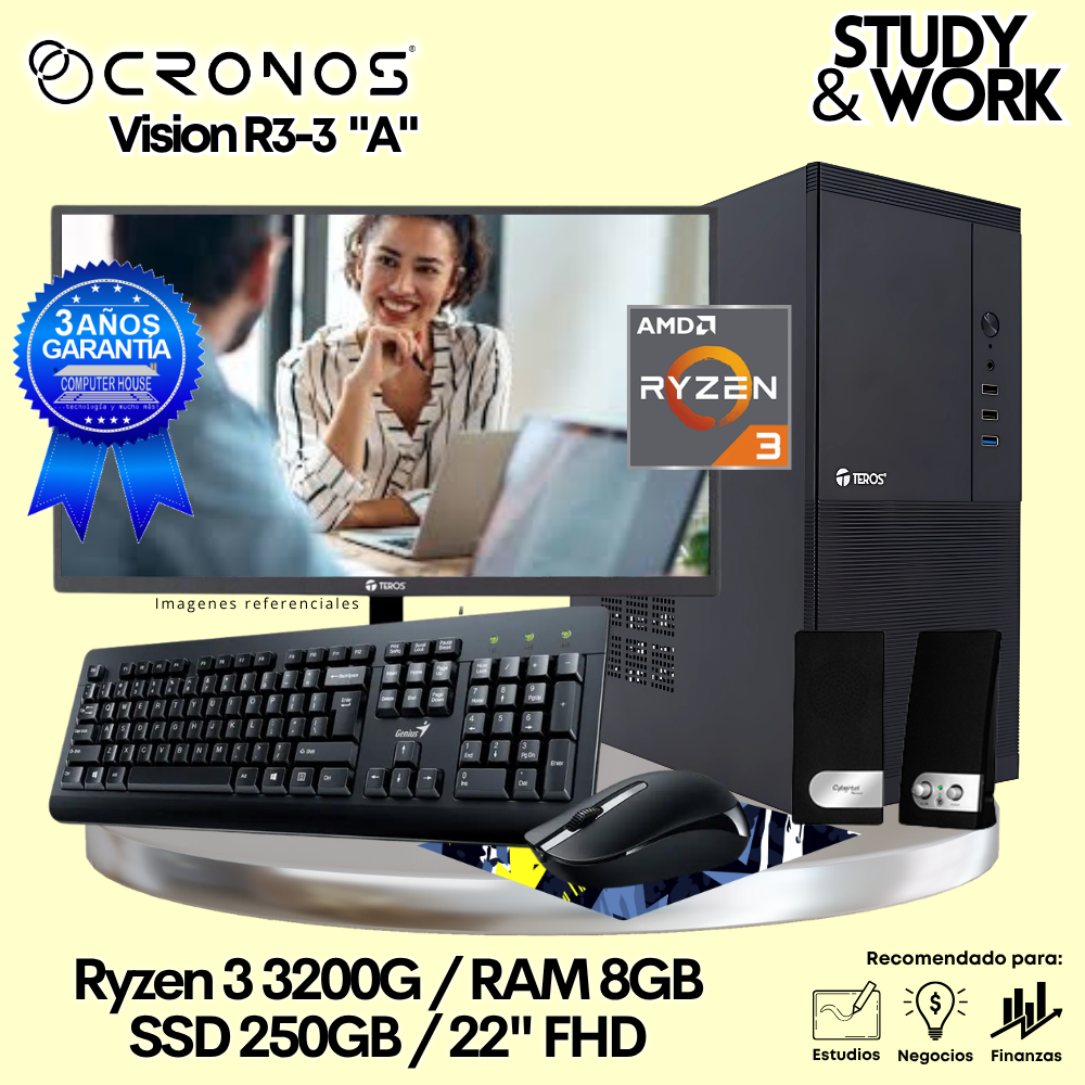 PC CRONOS Vision R3-3 "A", RAM 8GB, SSD 250GB, Monitor 22″ FHD, Kit Teclado + Mouse, Parlantes o Audífono.