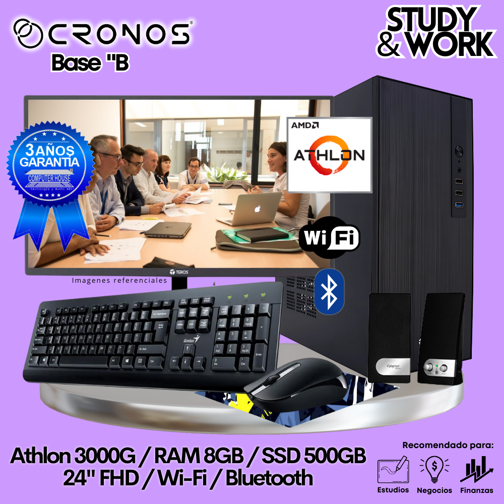 PC CRONOS Optimus R5-5 "B", 8GB RAM, 500GB SSD, 24″ FHD Monitor, Wi-Fi, Keyboard + Mouse Kit, Speakers or Headphones.