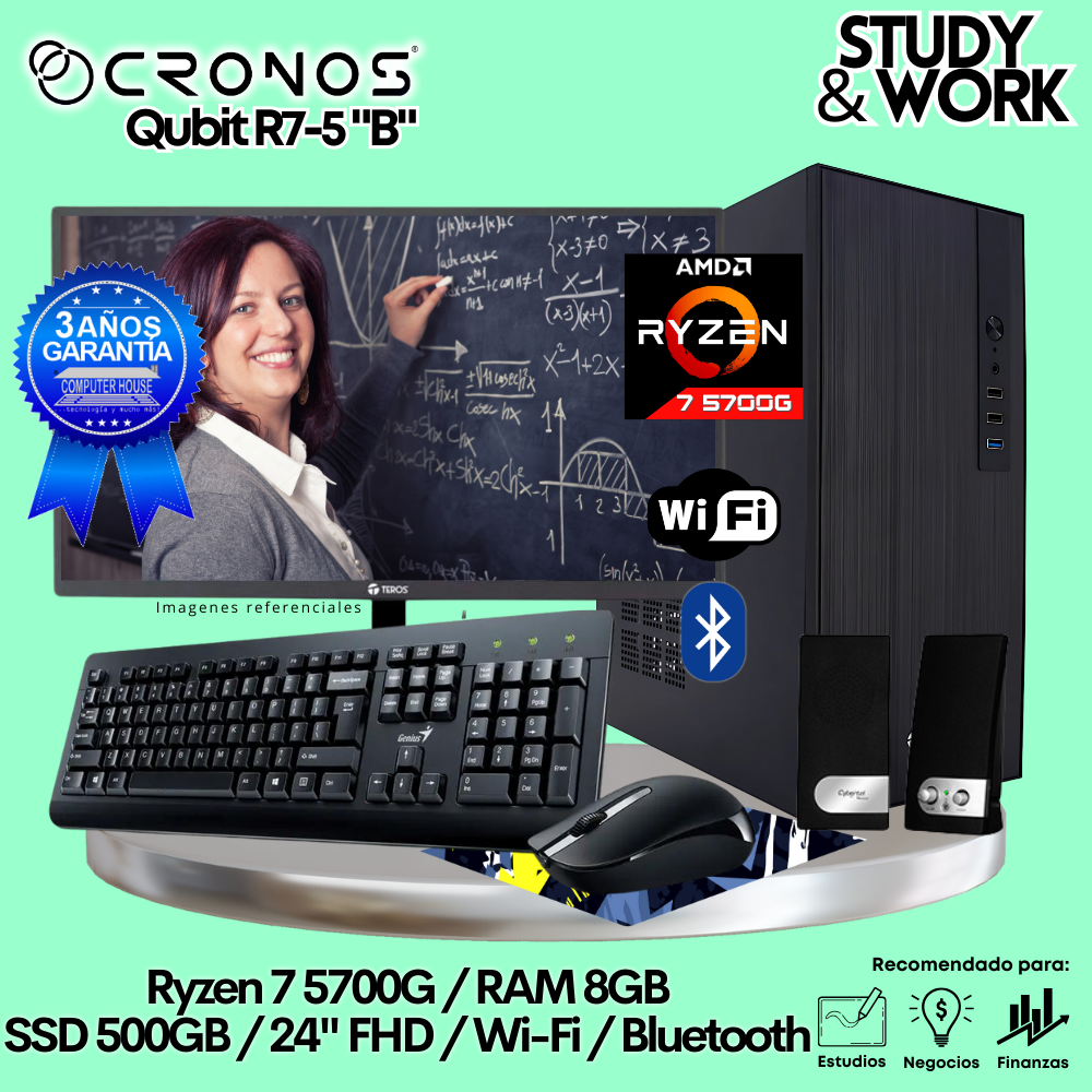 PC CRONOS Qubit R7-5 "B", 8GB RAM, 500GB SSD, 24″ FHD Monitor, Wi-Fi, Keyboard + Mouse Kit, Speakers or Headphones.