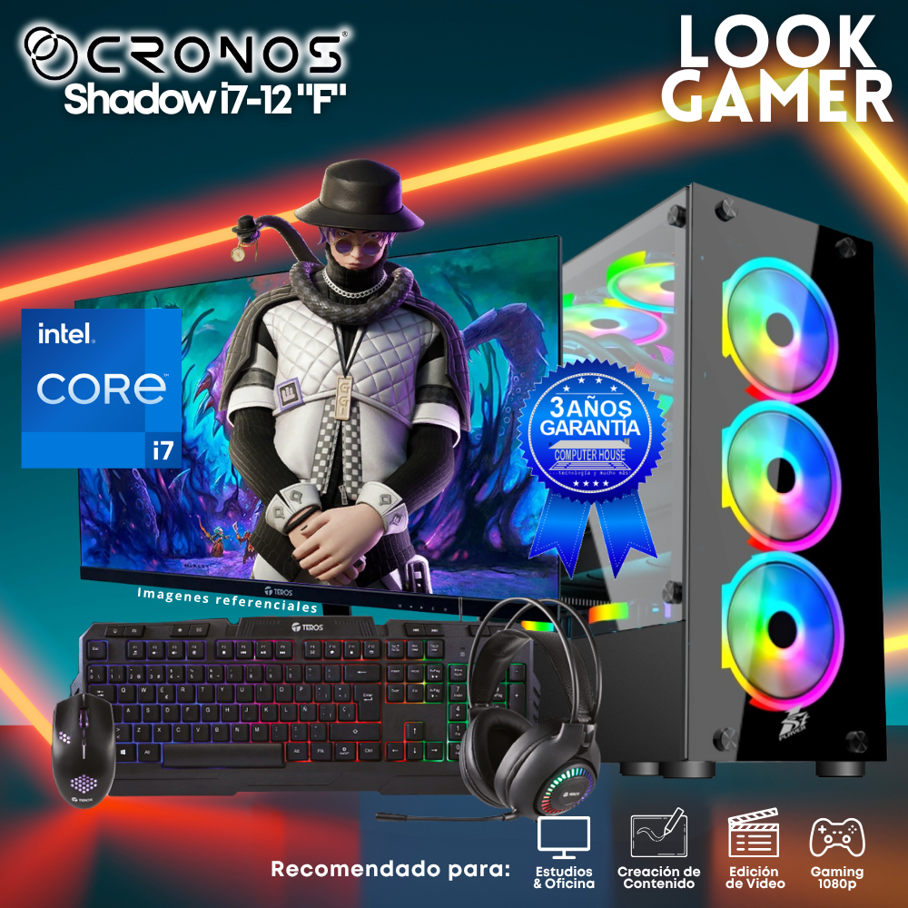 PC Look Gamer CRONOS Shadow i7-12 "F", RAM 16GB, SSD 500GB, Monitor 24″ FHD.