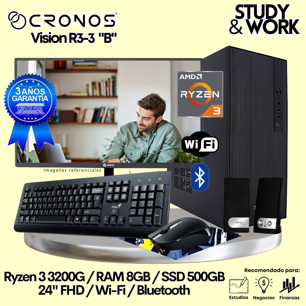 PC CRONOS Vision R3-3 "B", RAM 8GB, SSD 500GB, Monitor 24″ FHD, Wi-Fi & Bluetooth, Kit Teclado + Mouse, Parlantes o Audífono.