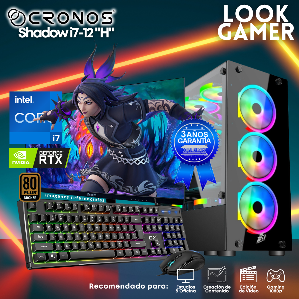 PC Look Gamer CRONOS Shadow i7-12 "H", RAM 16GB, SSD 500GB, Nvidia GeForce RTX3050 6GB, Monitor 27″ FHD.