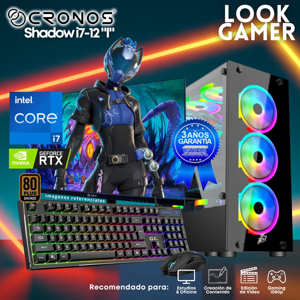 PC Look Gamer CRONOS Shadow i7-12 "I", RAM 16GB, SSD 1TB, Nvidia GeForce RTX5050 8GB, Monitor 27″ FHD.