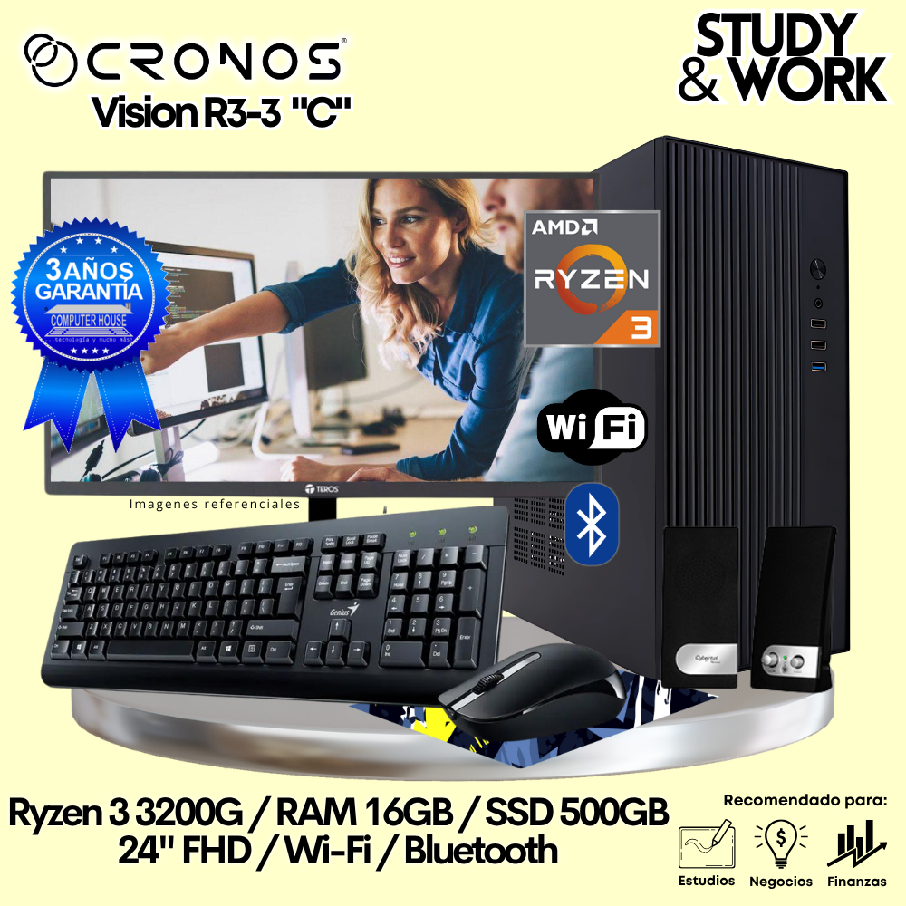 PC CRONOS Optimus R5-5 "C", 16GB RAM, 500GB SSD, 24″ FHD Monitor, Wi-Fi, Keyboard + Mouse Kit, Speakers or Headphones.