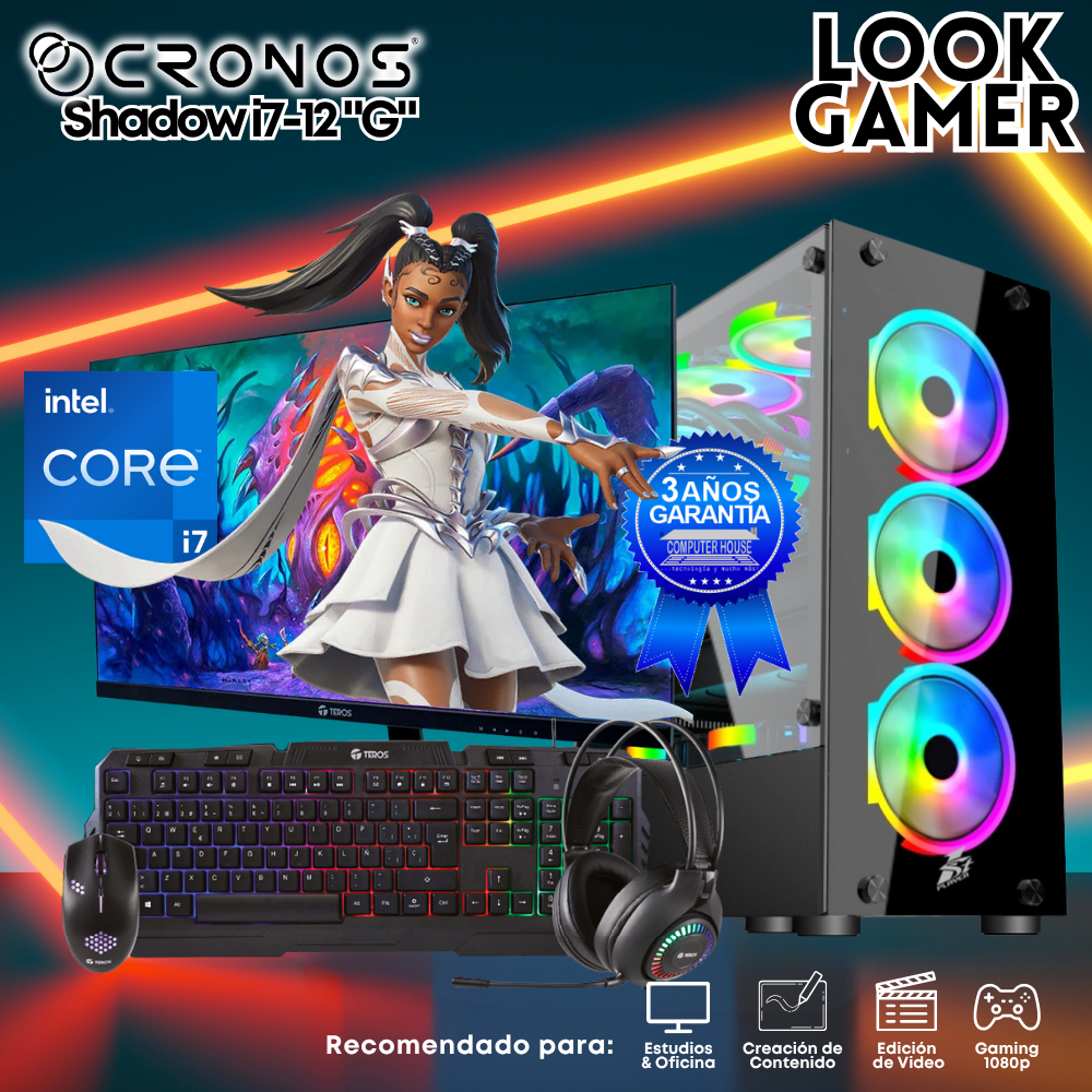 PC Look Gamer CRONOS Shadow i7-12 "G", RAM 16GB, SSD 1TB, Monitor 27″ FHD.