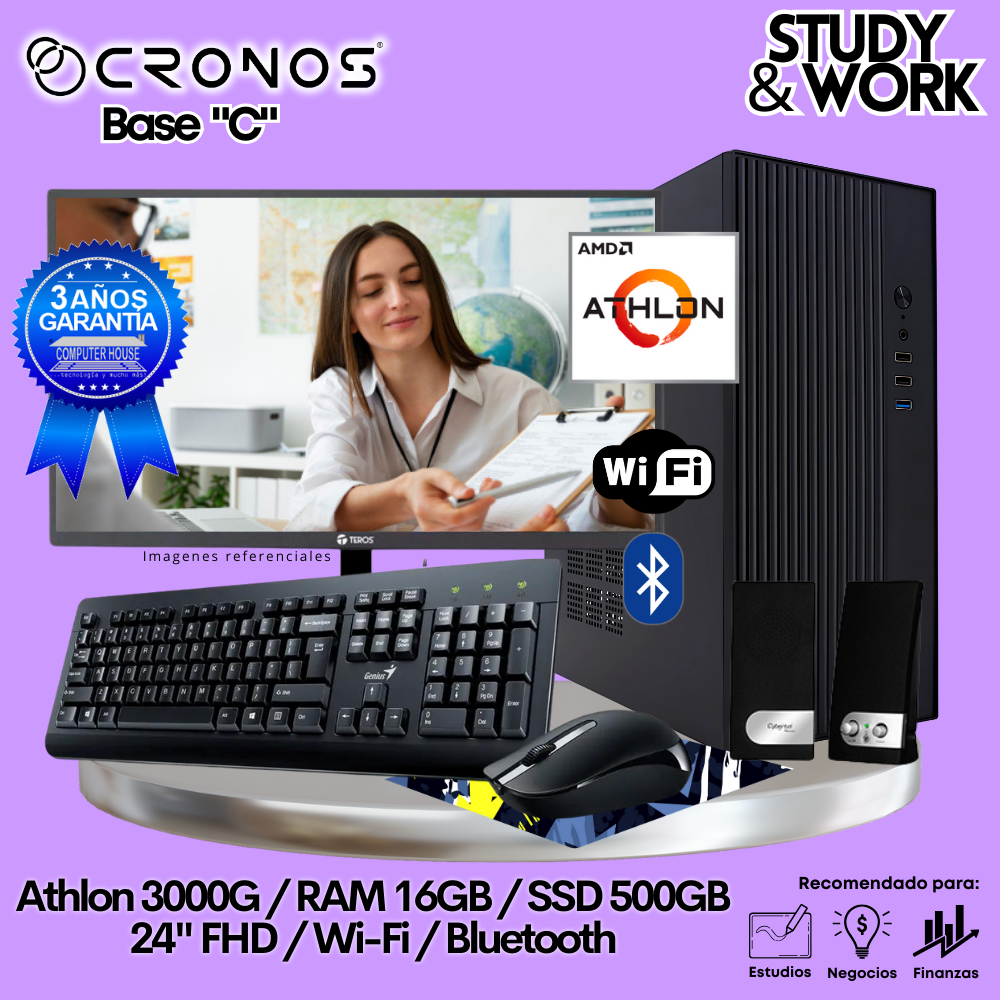PC CRONOS Base "C", RAM 16GB, SSD 500GB, Monitor 24″ FHD, Wi-Fi & Bluetooth, Kit Teclado + Mouse, Parlantes o Audífono.