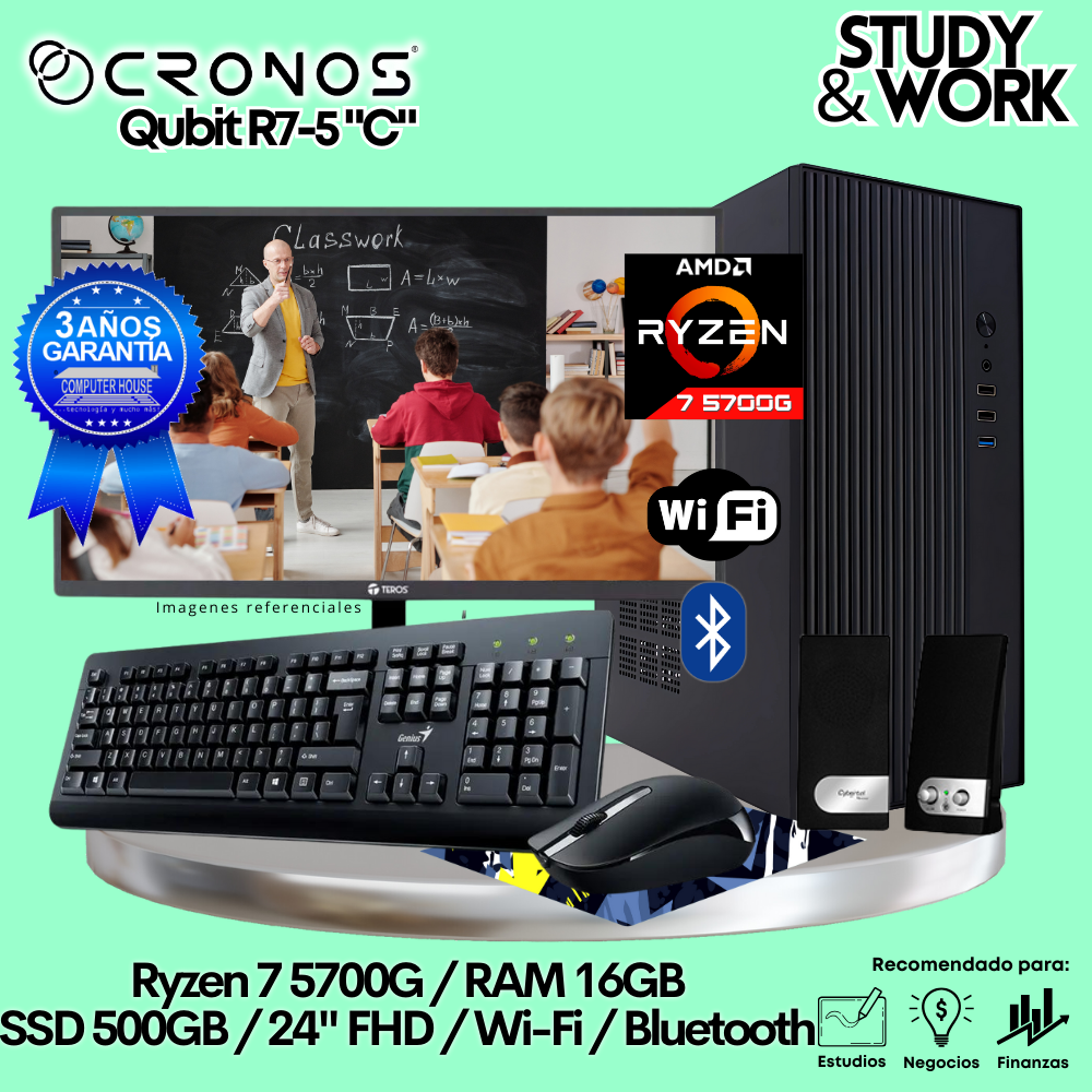 PC CRONOS Qubit R7-5 "C", 16GB RAM, 500GB SSD, 24″ FHD Monitor, Wi-Fi, Keyboard + Mouse Kit, Speakers or Headphones.