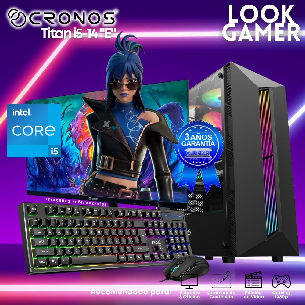 PC Look Gamer CRONOS Titan i5-14 "E", RAM 8GB DDR5, SSD 500GB, Monitor 24″ FHD.