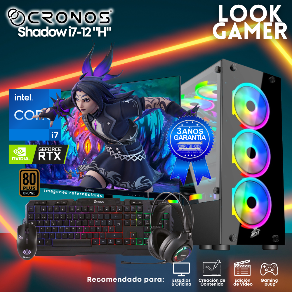 PC Look Gamer CRONOS Shadow i7-12 "H", RAM 16GB, SSD 500GB, Nvidia GeForce RTX3050 6GB, Monitor 27″ FHD.