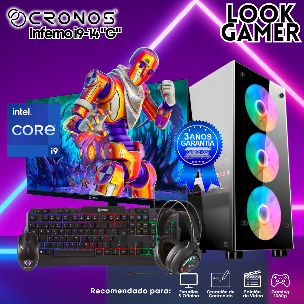 PC Look Gamer CRONOS Inferno i9-14 "G", RAM 16GB DDR5, SSD 1TB, Monitor 27″ FHD.