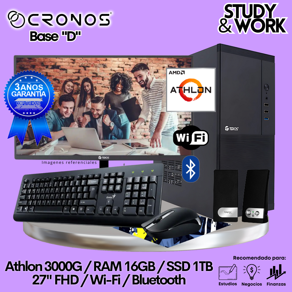 PC CRONOS Optimus R5-5 "D", 16GB RAM, 1TB SSD, 27″ FHD Monitor, Wi-Fi &amp; Bluetooth, Keyboard + Mouse Kit, Speakers or Headphones.