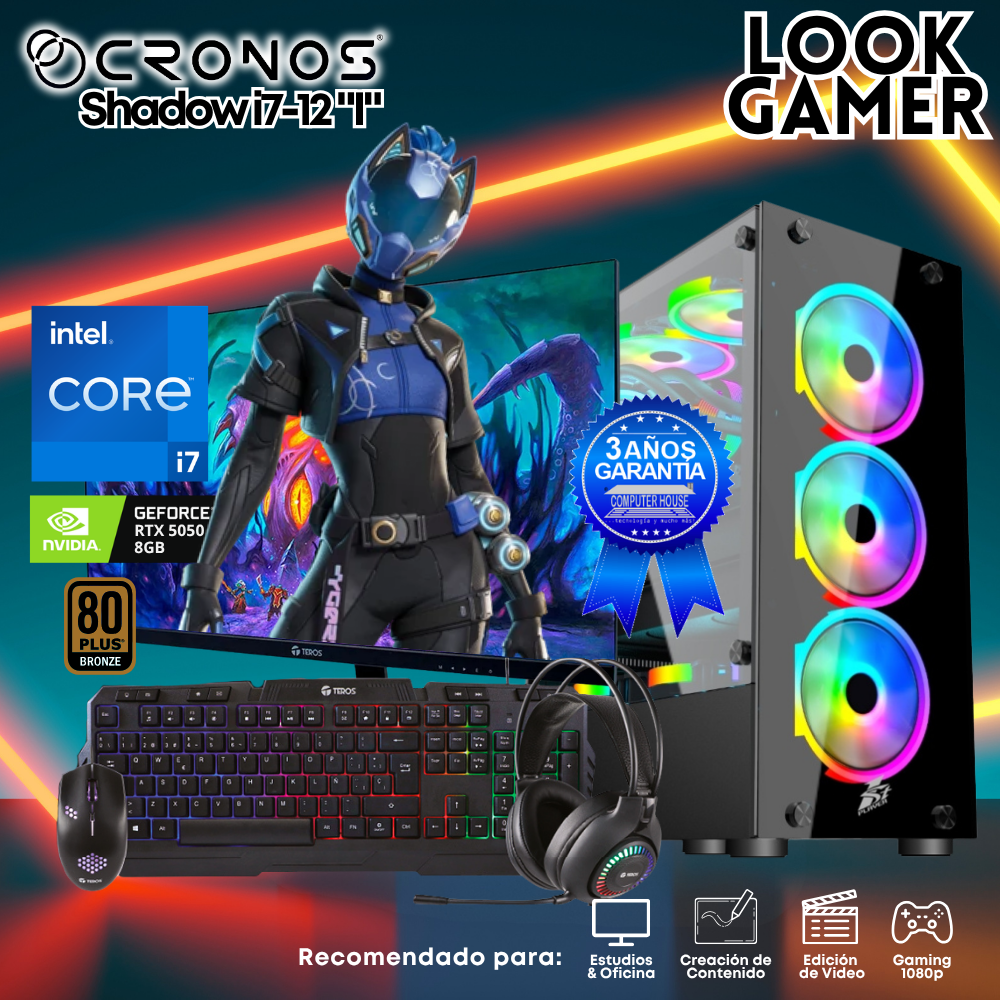 PC Look Gamer CRONOS Shadow i7-12 "I", RAM 16GB, SSD 1TB, RTX5050 8GB, Monitor 27″ FHD.