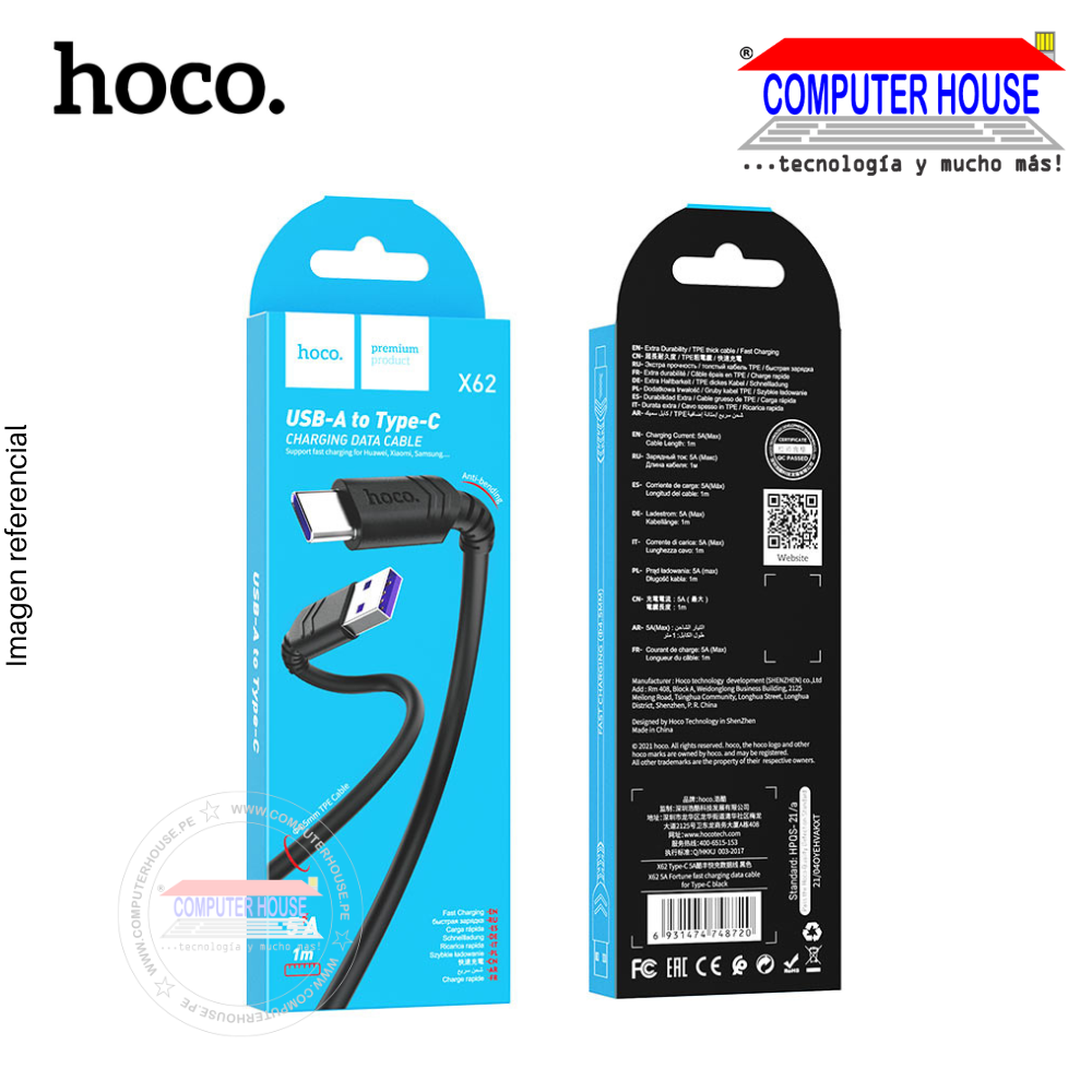 HOCO cable USB a Tipo-C X62 5A con longitud 1 metro.
